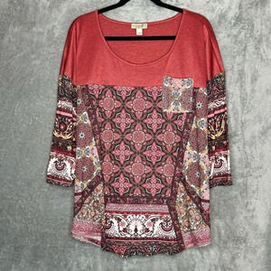 One World 2X Shirt Top Red Paisley 3/4 Sleeve Scoop Neck Stretch Knit Womens